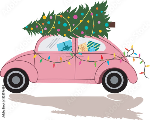 Cute retro car carrying a decorated Christmas tree. Festive holiday illustration perfect for greeting cards, prints, and winter designs.