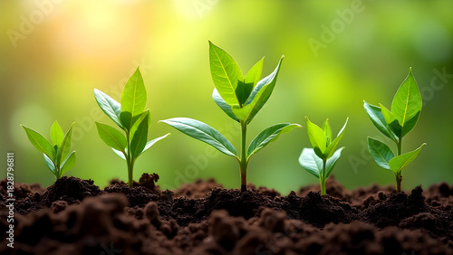 Young Plants Growing in Soil: Green Seedlings Sprouting, Sustainable Agriculture, Environmental Growth, Close-Up Nature Photography