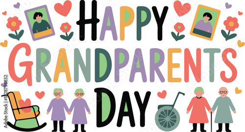 Colorful Happy Parents Day vector typography illustration with household elements and family portraits