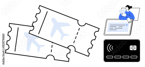 Travel concept. Airplane tickets, contactless payment card, and online booking highlight modern travel solutions. Travel planning, digital transactions, efficient booking. For tourism, airlines