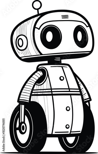 Cartoon monochrome robot with large eyes and wheels standing on a white background design art