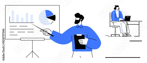 Business concept. Business meeting analyzing data with charts and graphs. Business professionals working remotely with laptops. Perfect for presentations, corporate training, marketing, teamwork