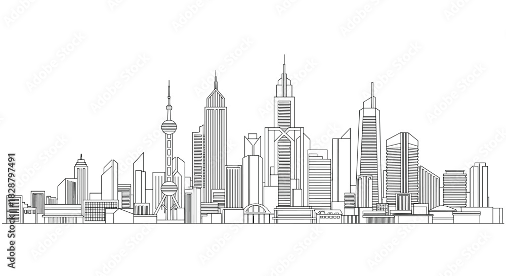 Obraz premium Dynamic city skyline in black and white line art illustration, depicting modern urban architecture and famous landmarks.
