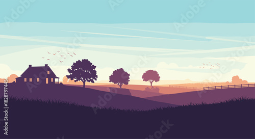 A serene rural landscape at dawn or dusk, with a silhouetted farmhouse, rolling hills, trees, and flying birds under a colorful sky.