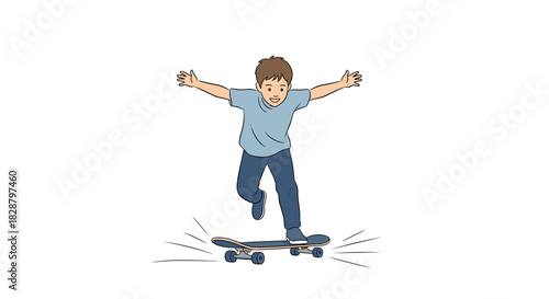 A joyful young boy skillfully balances on a skateboard with arms outstretched, experiencing the freedom and thrill of riding.
