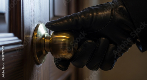 Burglar wearing black glove turning doorknob to break into house. Crime and security concept for home invasion.