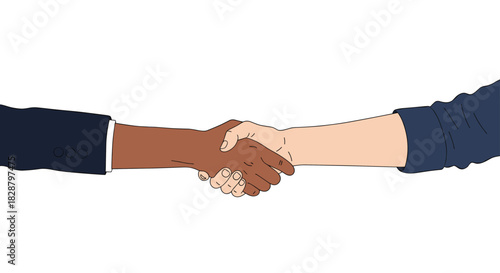 Diverse hands, one in a suit and the other in a casual shirt, shaking hands in a gesture of agreement and partnership.