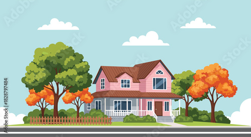 A beautiful pink house with a large front porch and surrounded by trees and a garden under a blue sky.