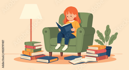 A young girl with red hair sits comfortably in an armchair, engrossed in reading a book, surrounded by many other books on the floor.