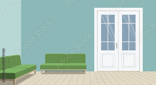 Contemporary living room interior with green sofas, white french doors, and a light teal accent wall.