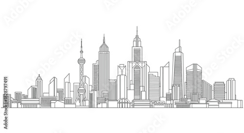 Dynamic city skyline in black and white line art illustration, depicting modern urban architecture and famous landmarks.