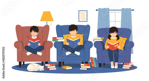 Three children engrossed in reading books in cozy armchairs, surrounded by piles of literature and a sleeping cat at home.