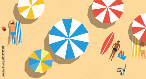 An aerial view illustration of a vibrant summer beach scene with people relaxing under colorful umbrellas on golden sand.