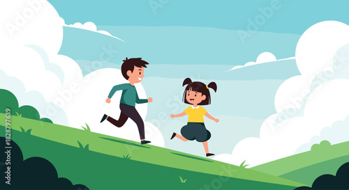 A happy boy and girl run up a green hill under a blue sky filled with white clouds, enjoying outdoor play.