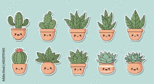 An adorable array of various potted succulents and cacti, each with a happy face, presented as cute stickers on a soft background.