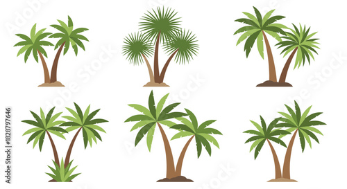 A collection of six distinct tropical palm tree illustrations, featuring various designs with green fronds and brown trunks, ideal for nature and vacation themes.
