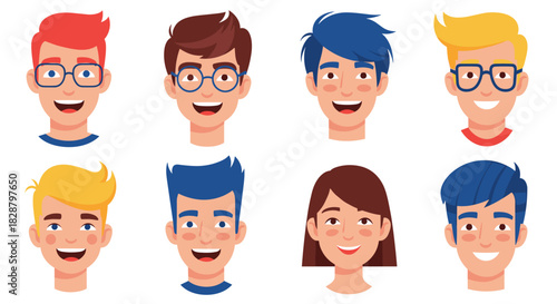 Diverse smiling young adult cartoon portraits with various hair colors, hairstyles, and eyeglasses, showcasing individuality.