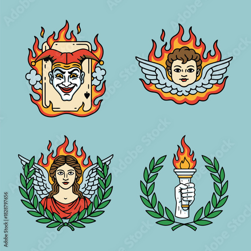 Traditional Tattoo Flash Set: Flaming Joker Card, Cherub, Angel, and Torch of Triumph in Laurel Wreaths