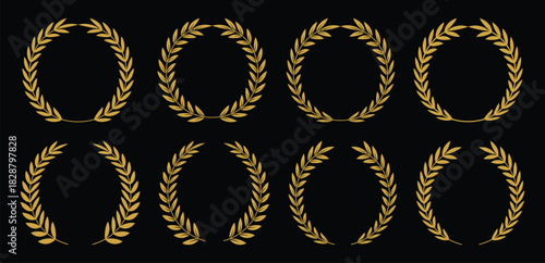 Eight golden laurel wreaths arranged in various positions. Golden laurel wreath for winner.  Victory and success concept. Vector art of golden laurel wreath symbol of victory and achievement