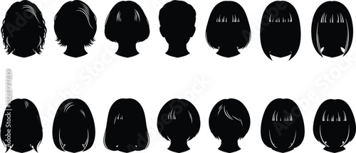 Collection of female hairstyle silhouettes, various haircut styles, black vector hair icons, isolated design elements for beauty, fashion, and illustration use