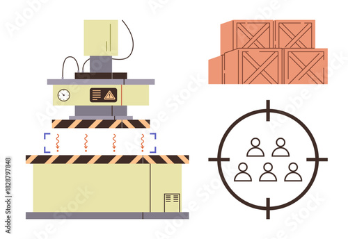 Factory compression machine with caution signs, stack of wooden crates, and circular targeting icon with people silhouettes. Ideal for production, logistics, safety, precision, teamwork, robotics