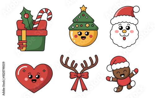 Cute Christmas Kawaii Icons Vector Set, Colorful Festive Holiday Elements Illustration.