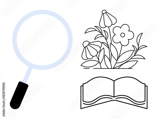 Magnifying glass examining flowers and plants, with an open book representing knowledge, discovery, and learning. Ideal for nature study, education, research, learning, exploration analysis botany