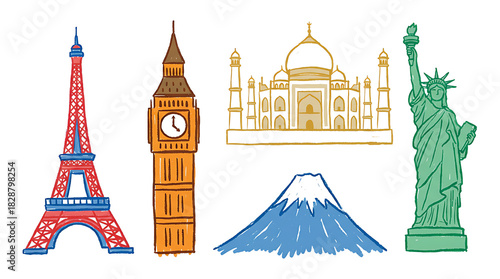 Illustration of famous landmarks from around the world, hand-drawn with vibrant colors.