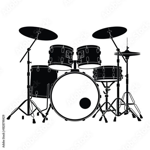 Black and white illustration of a complete drum set
