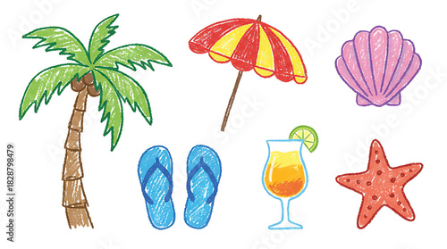 A collection of colorful hand-drawn summer and beach vacation items including a palm tree, umbrella, flip-flops, cocktail, seashell, and starfish.