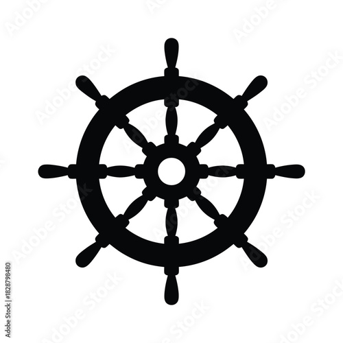 Classic black ship steering wheel isolated on white background