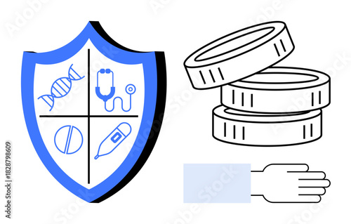 Shield featuring DNA, stethoscope, pill, and thermometer icons paired with coins and an open hand. Ideal for healthcare, insurance, finance, support safety protection and medical aid. Simple flat
