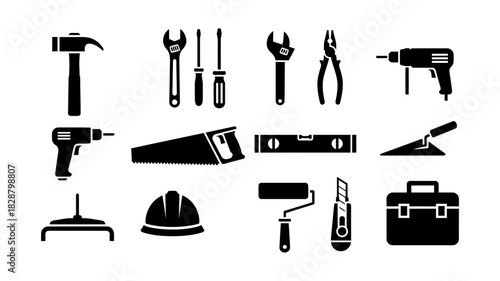 Black and white vector illustration showcasing a collection of various construction and repair tools, including a hammer, wrenches, screwdrivers, drill, saw, level, and toolbox.