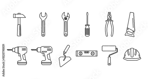 Line art illustration featuring a collection of construction and repair tools including a hammer, wrenches, drills, and safety helmet.
