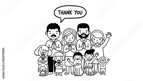 Family Expressing Gratitude with Pets A Heartfelt Thank You Illustration