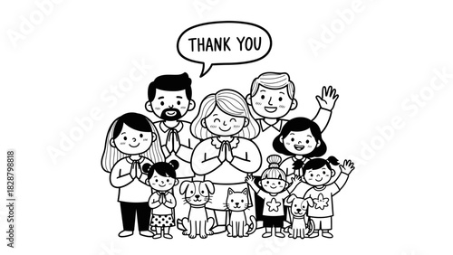 Diverse Family Group with Pets Saying Thank You - Black and White Illustration