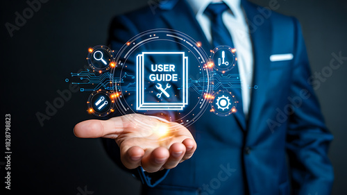 Businessperson presenting digital hologram with “USER GUIDE” book icon and interface tools for support and configuration