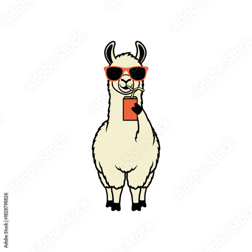 Cool llama wearing sunglasses drinking a beverage silhouette isolated on white background