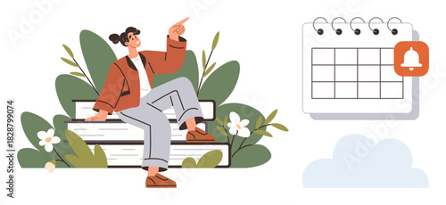 Confident woman sitting on a bench amidst greenery, pointing upward with a notification calendar reminder nearby. Ideal for productivity, reminders, planning, time management, organization, nature