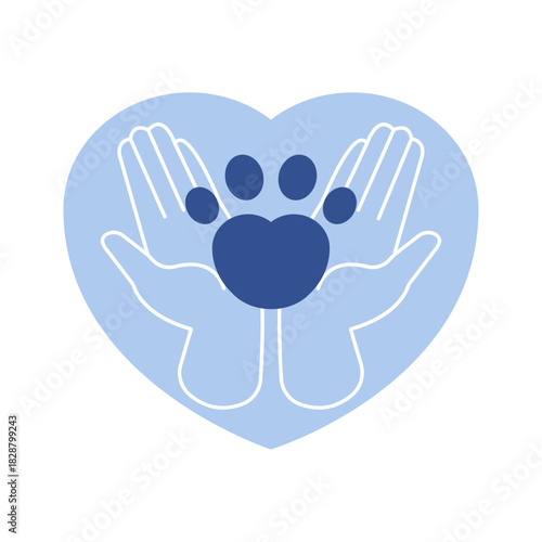 Cupped hands and a paw print in the centre of a heart shape. Blue and white simple flat vector style. Animal shelters emblem, pet adoption campaign logo, veterinary services print.
