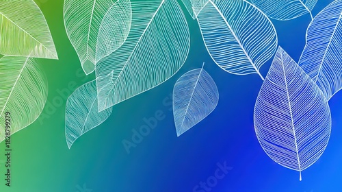 Close up botanical leaf texture background with vibrant green to teal gradient and detailed veins, abstract natural pattern for eco designs, packaging, and digital wallpapers