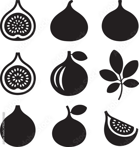 Elegant Fig Fruit Silhouette Collection with Cross Sections and Leaves