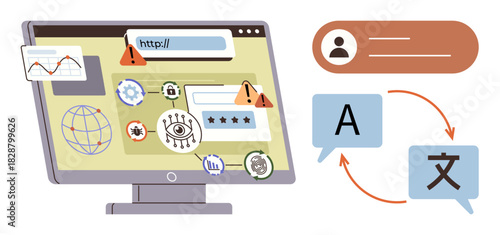 Computer screen with warning icons, translation symbols, and global elements. Ideal for cybersecurity, translation, globalization, internet safety, software communication technology. Simple flat