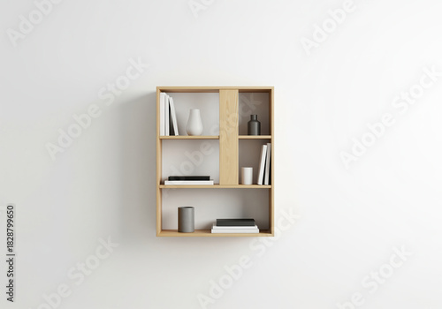 Minimal Wooden Bookshelf on White Wall