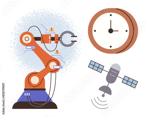 Robotic arm performing tasks, a satellite emitting signals, and a clock symbolizing automation, precision, and connectivity. Ideal for technology, time management, robotics, space innovation