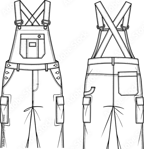 Overalls vector illustration, front and back view, bib pocket, 