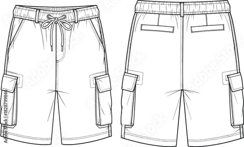 Cargo shorts vector, front and back view, drawstring waistband, flap pockets,Cargo shorts vector, front and back view, drawstring waistband, flap pockets,