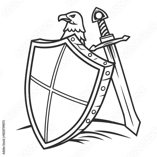Eagle head above shield with sword illustration