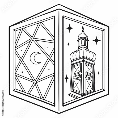 Cube lantern with tower and moon illustration