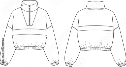 Pullover top vector, high collar, partial zip front, gathered hem and cuffs, front and back view,Pullover top vector, high collar, partial zip front, gathered hem and cuffs, front and back view,